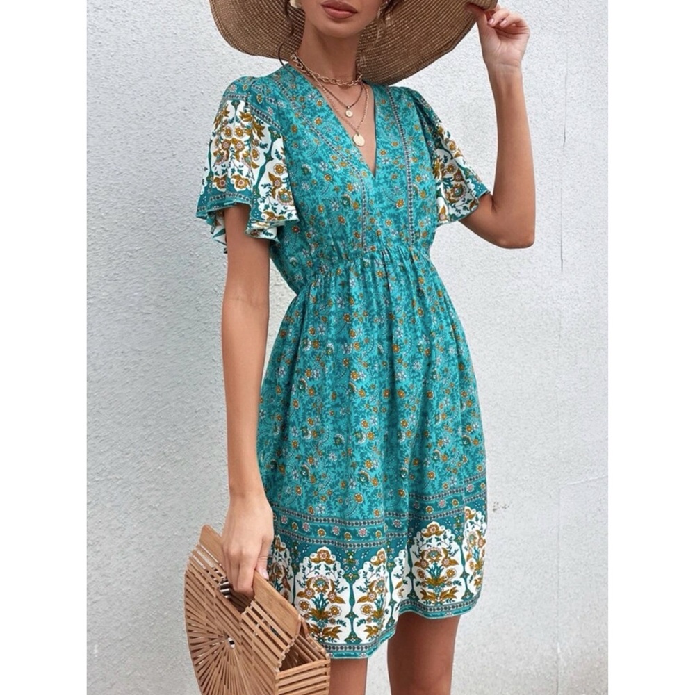 Bohemian Floral Print Butterfly Sleeve Cottagecore Dress XS S M L 1X 2X 3X 4X - Picture 5 of 5
